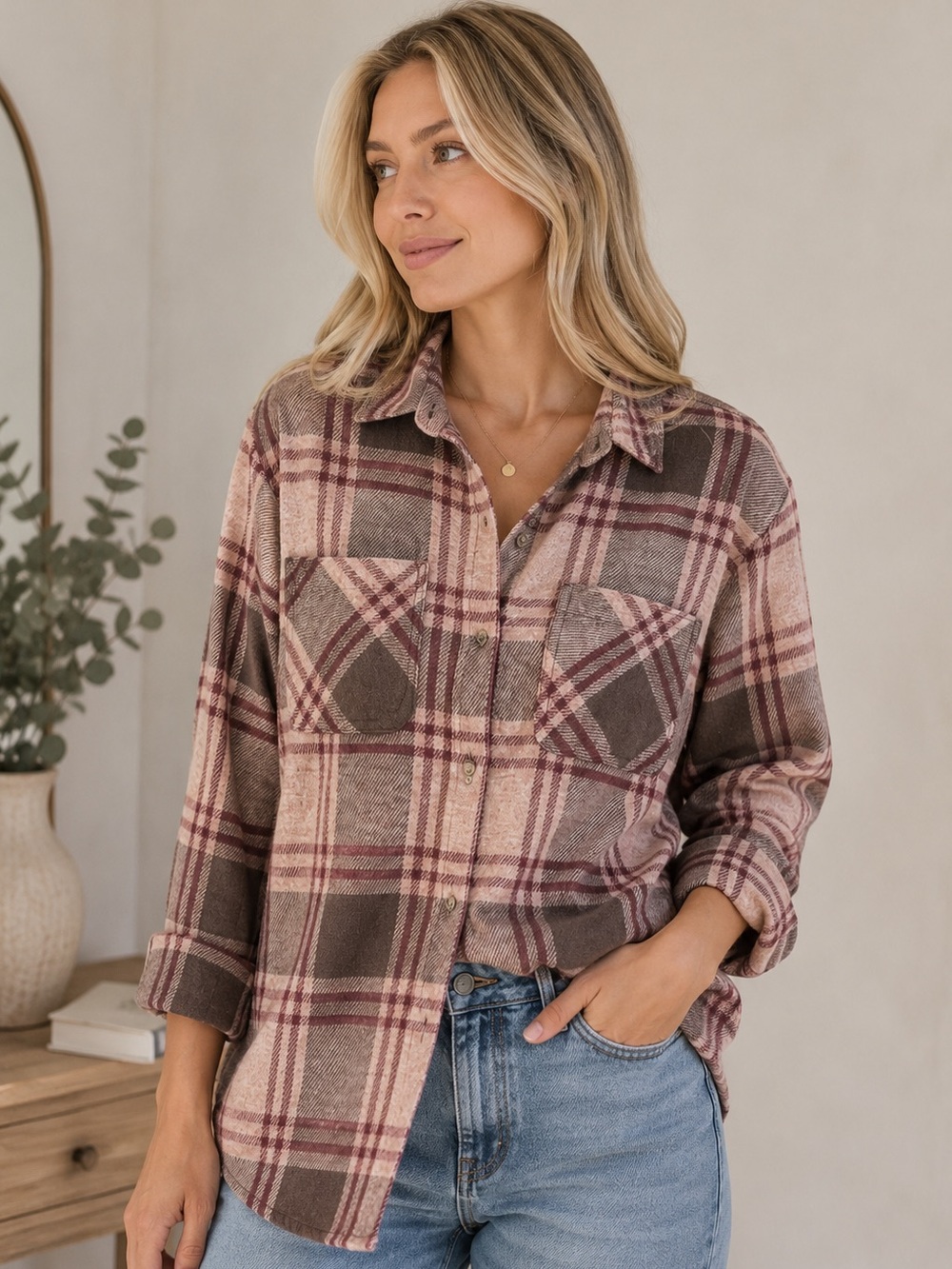Beachlunchlounge Pink Brown Plaid Flannel Button Up Top Size Medium NWT